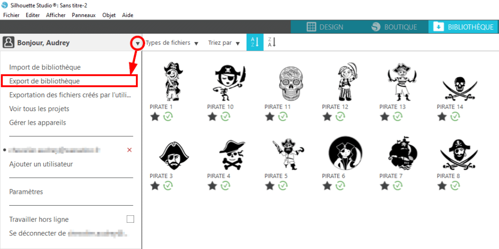 export sauvegarde bibliothèque silhouette studio cloud