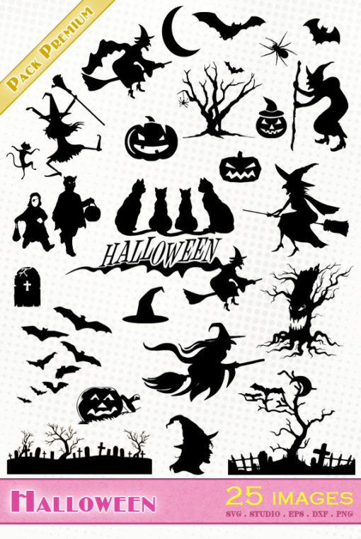 halloween sorcière chapeau chat noir citrouille chauve souris svg studio png eps dxf clipart silhouette cutting file witches pumpkin