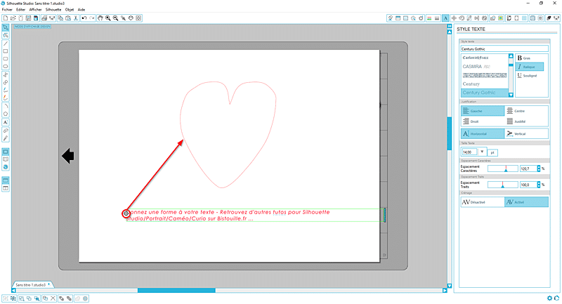 tuto silhouette studio cameo portrait curio écrire texte forme coeur tutoriel tutorial write text heart
