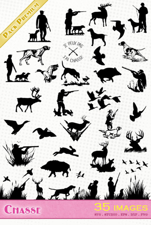 chasse hunting bécasse chasseur lièvre chien sanglier silhouette svg eps dxf studio cameo portrait cricut scanncut vector file cutting