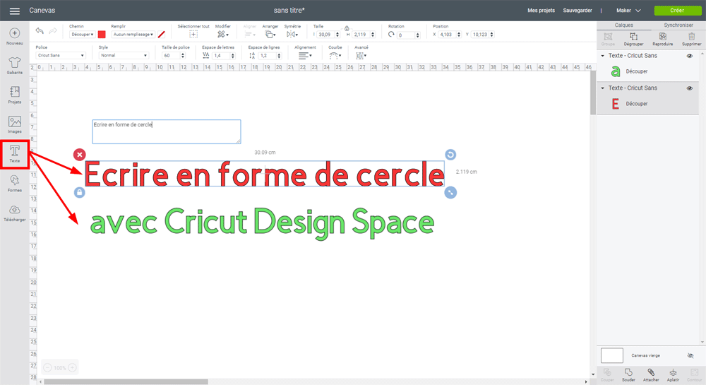 tuto design space cricut maker explore écrire rond cercle arrondi