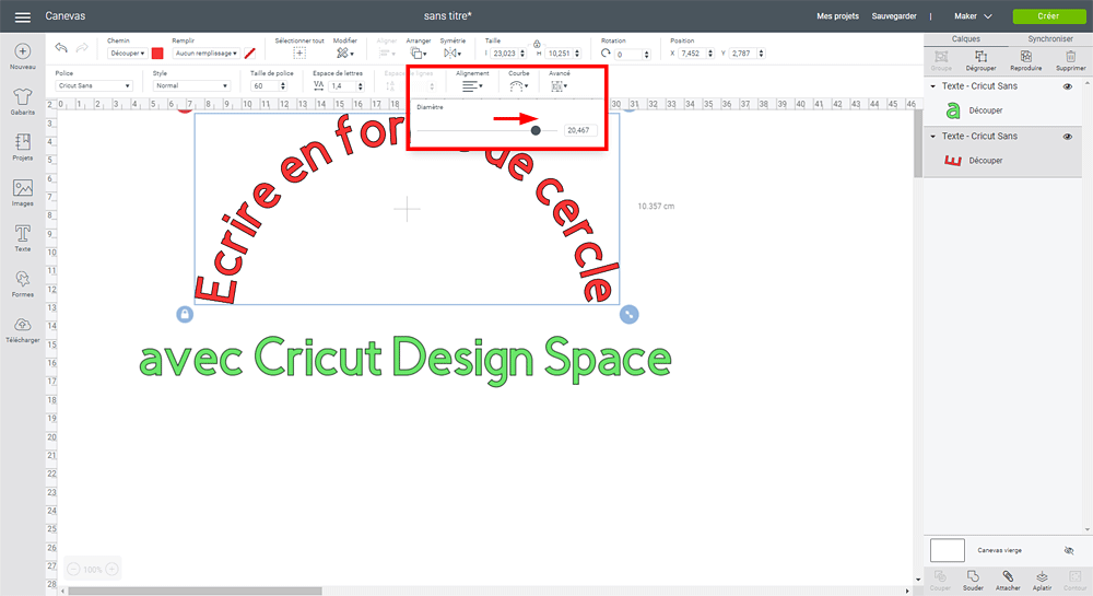 tuto design space cricut maker explore écrire rond cercle arrondi