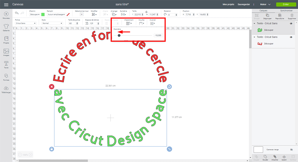 tuto design space cricut maker explore écrire rond cercle arrondi