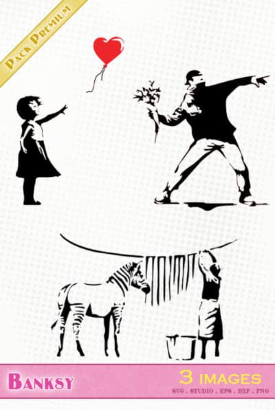 banksy street art jeteur fleurs lavage zèbre petite fille ballon flower thrower washing zebra little girl balloon svg silhouette studio png eps dxf vector file