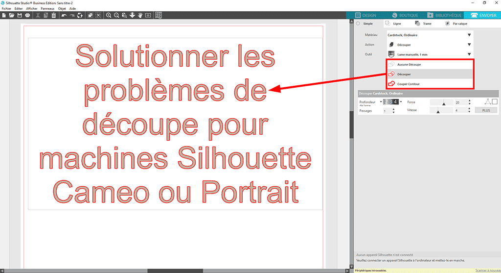 problème découpe silhouette cameo portrait studio ligne coupe