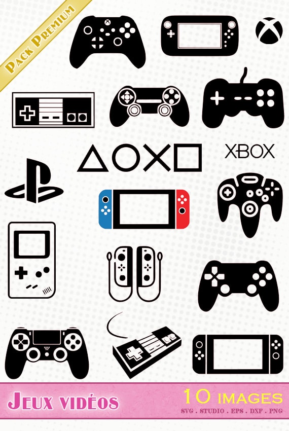 jeu video console manette game gamer nintendo playstation xbox ps4 ps5 switch gameboy sega svg silhouette studio cutting file fichier png