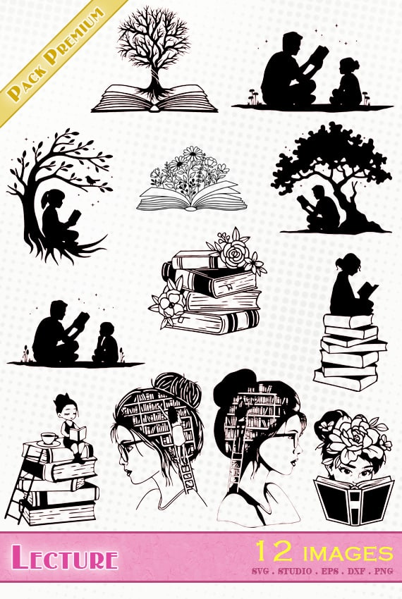 lecture livre homme femme pile de livres lire fichier svg silhouette studio eps dxf png découpe