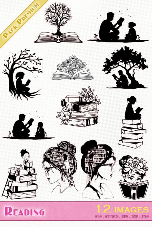 reading book books man woman library cutting file svg eps dxg png silhouette studio vector