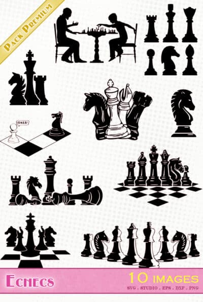 jeu d'échecs échiquier pions cavalier roi reine fou chess fichier svg silhouette studio dxf png eps