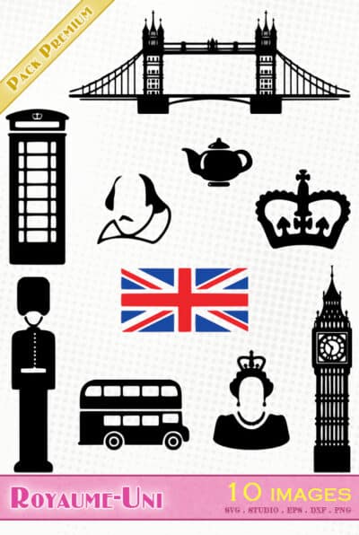 royaume uni Angleterre svg eps dxf silhouette studio fichiers drapeau cabine téléphonique bus couronne reine garde tower bridge big ben