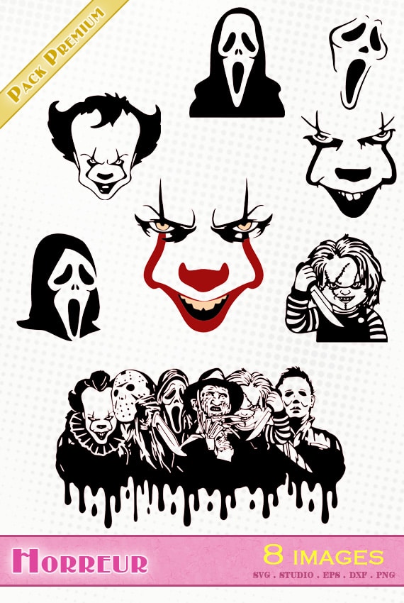 film horreur personnage scream ghostface chucky frankenstein clown fichier svg silhouette studio dxf png